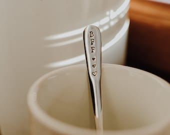 Spoon with hand stamped text B F F with three hearts