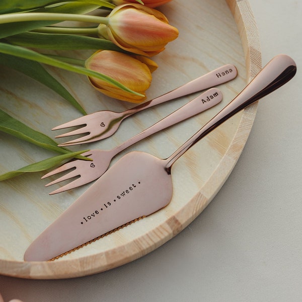 Custom Hand-Stamped Copper Cake Server and Dessert Fork Set, Personalized Wedding Serving Set  Ideal Wedding Gift  Hochzeitsgeschenk Ideen