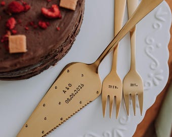 Juego de servidor y tenedor para pastel personalizado estampado a mano con nombres, fecha, regalo de boda, pareja