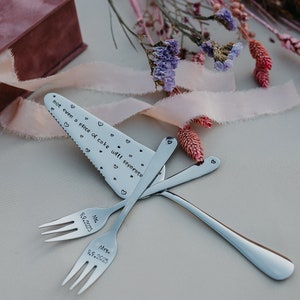 Personalized Cake Server with 2 Forks, Hand Stamped Names, Date, Initials