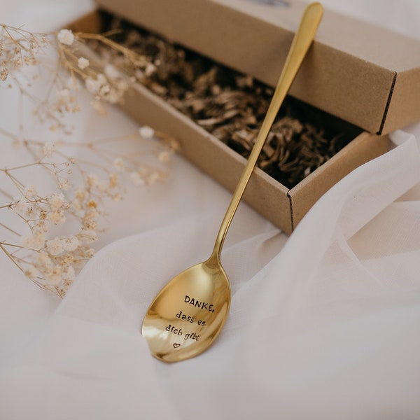 Gold-colored soup spoon with hand-stamped text Danke dass es dich gibt Personalized custom made cutlery unique present surprise gift for her