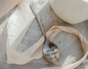 Vintage espresso spoon with hand stamped text HELLO I've missed you + heart symbol