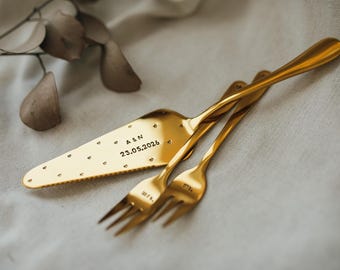 Set dorado de pala para tarta con 2 tenedores, personalizado con nombres y fecha, estampado a mano