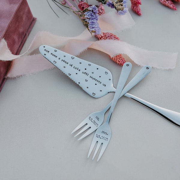 Custom Hand-Stamped Silver Cake Server and Dessert Fork Set, Personalized Wedding Serving Set  Ideal Wedding Gift Personalisierte geschenke