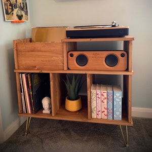 Record player stand-cabinet/Beautiful Handmade solid wood double Tier/record storage/Hairpin-wood Legs/vinyl-record storage/cocktail cabinet