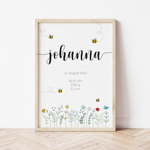 BIENE BLUMEN Posterbild | Geburtsposter | Namensposter | personalisiert | 20x30 | 30x45 | 40x60 | 50x75 | Wandbild | Fotoabzug