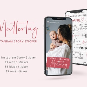Könnte beinhalten: Ein Set mit 99 Instagram-Story-Stickern zum Muttertag. Die Sticker sind in den Farben Weiß, Schwarz und Rosé. Die Sticker zeigen den Text "alles liebe zum Muttertag" und andere Muttertags-Sprüche.