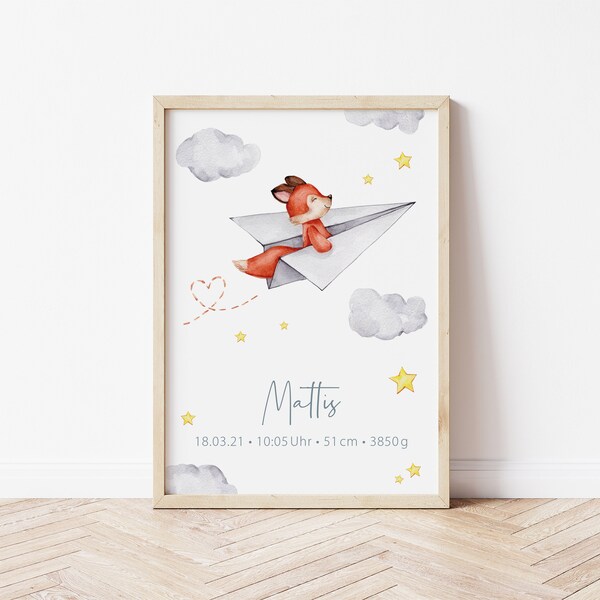FUCHS IM PAPIERFLIEGER | Namensposter | Poster personalisiert | 20x30 | 30x45
