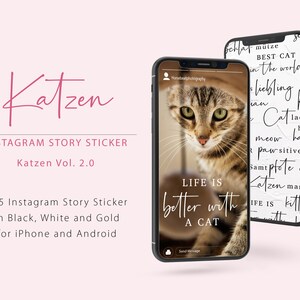 Op de afbeelding: Een set van 135 Instagram story stickers in zwart, wit en goud met katten en kattengerelateerde citaten. De stickers zijn ontworpen voor gebruik op iPhone- en Android-apparaten. De tekst op de stickers omvat "Het leven is beter met een kat" en "Beste kat ter wereld".