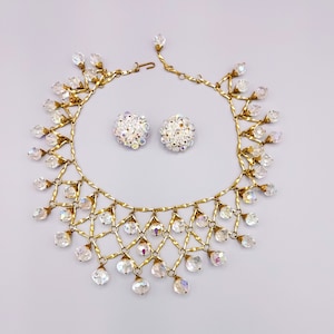 1950s Vintage Art Deco Aurora Borealis Bib Crystals Necklace and Earring Set, Art deco necklace