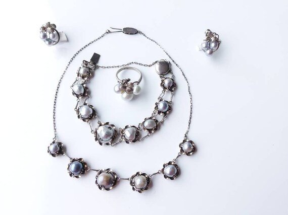 1900s Victorian Sterling Marked Natural Pearl Necklace, Earrings, Bracelet, Ring Set, France