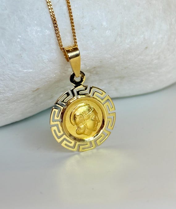 Greek 14k Yellow Solid Gold Goddess Athena-owl Disc Meander 18mm