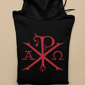 May include: Black hooded sweatshirt featuring a red Greek symbol, "IXΘΥΣ", which stands for "Jesus Christ, Son of God, Savior".