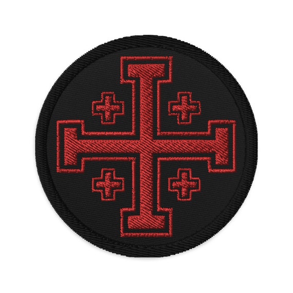 Toppa Morale Ricamata – Croce Di Gerusalemme Crociata – Marrone/Nero – 2x3 Pollici