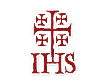 May include: A red and white sticker with a cross and the letters "IHS" in a vintage style font.
