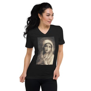 Virgin Mary Maria Our Lady Painting Catholic Patron Saint Unisex Short Sleeve V-Neck T-Shirt
