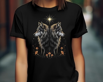 T-shirt Mystical Wolf: Gothic Nordic Twin Wolves Art