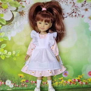 Handmade Pink Floral Dress with White Ruffled Apron & Socks | Doll Clothes Outfit for 14.5” Ruby Red Fashion Friends