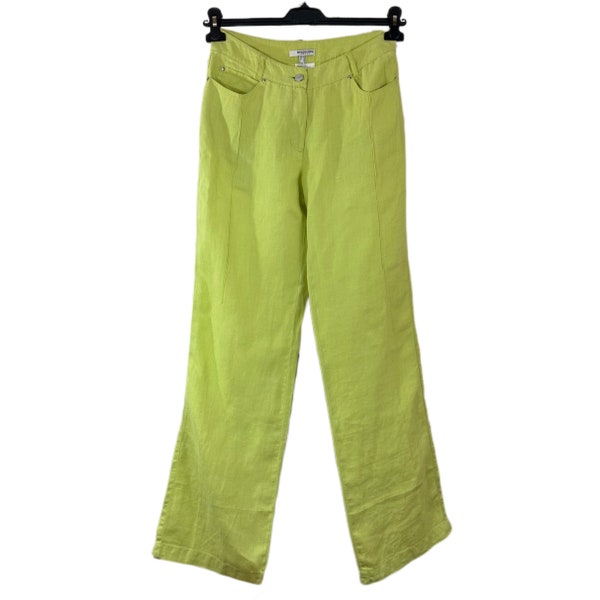 Lime green relaxed casual bell bottom 100% pure linen pants by Bandolera.  Size 36 / S