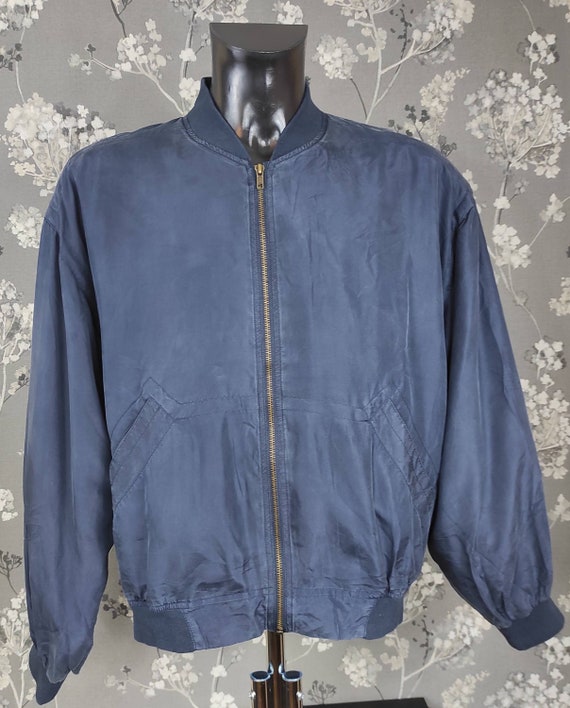 Vintage 90's pure silk bomber jacket navy blue. Si
