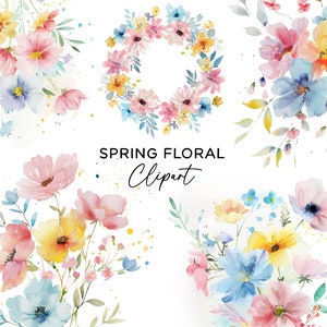 Frühling Clipart Bundle: Pastell Aquarell Blumen Kränze & Bordüren für Hochzeitseinladungen Wand Kunst Handwerk Digitaler Download Kommerziell