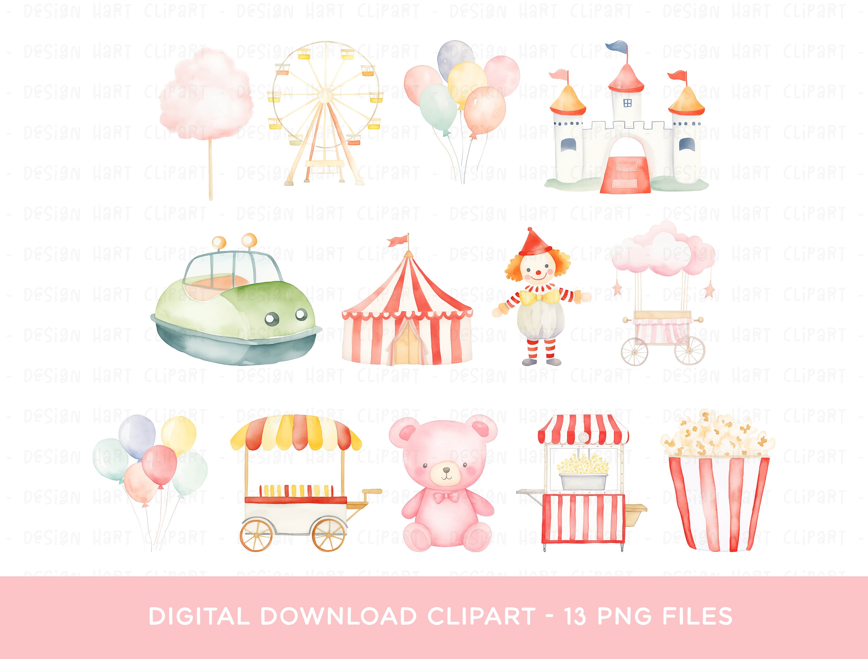 Carnival Clipart Bundle, Watercolor Circus Fair Rides Clown Fairy Floss ...