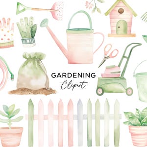 Paquete de imágenes prediseñadas de jardinería, PNG Descarga digital Acuarela Verde Rosa Herramientas de jardinería Cortadora de césped Guantes Planta Pala Suministros Uso comercial