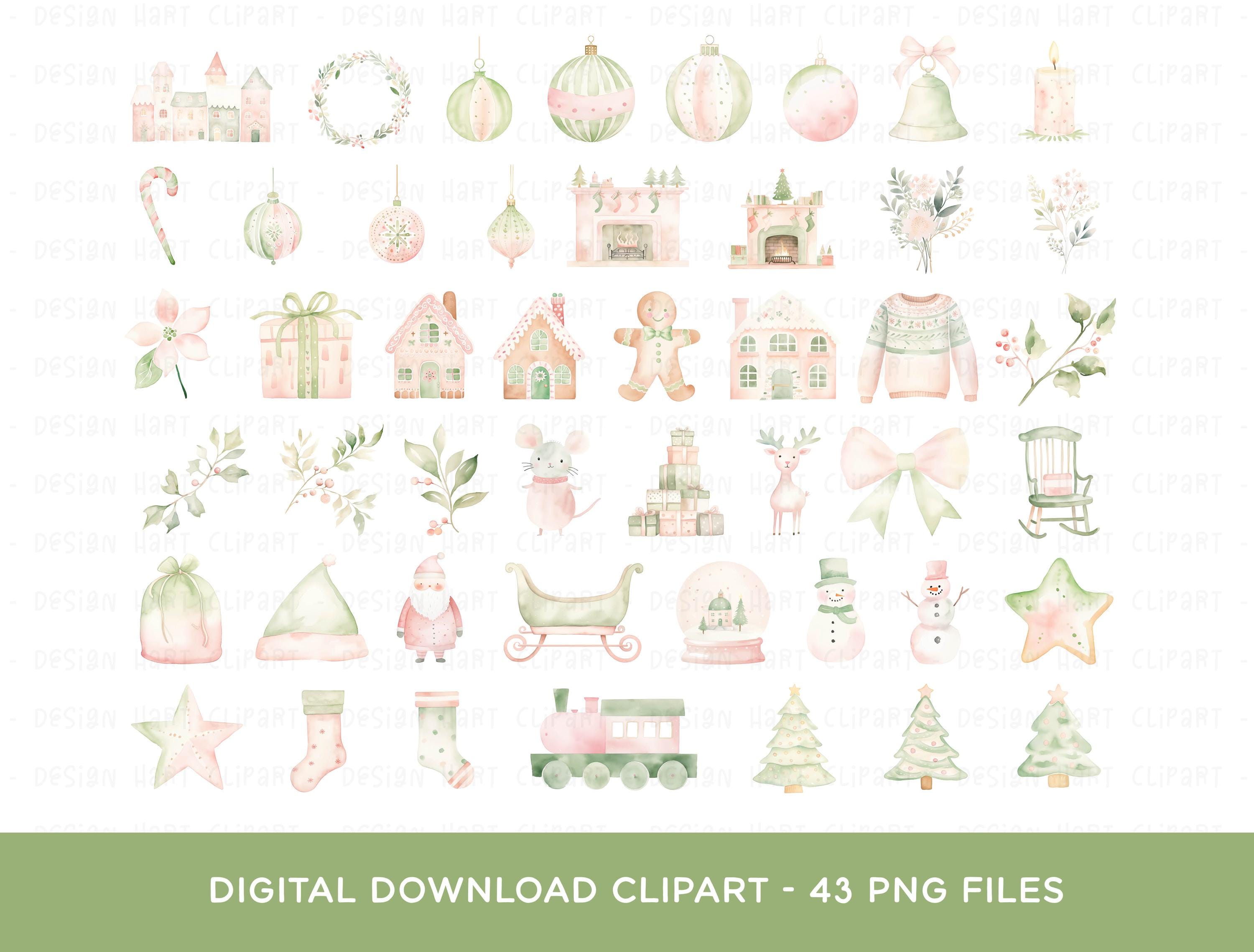 Christmas Clipart Bundle, PNG Digital Watercolor Santa Pink Green ...