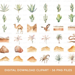 Op de afbeelding: Een set van 36 aquarel-clipart-afbeeldingen met woestijnthema. De set bevat cactussen, een kameel, een slang, een schorpioen, een palmboom, zandduinen en meer. De afbeeldingen zijn perfect voor het maken van uitnodigingen, kaarten en andere woestijnprojecten.