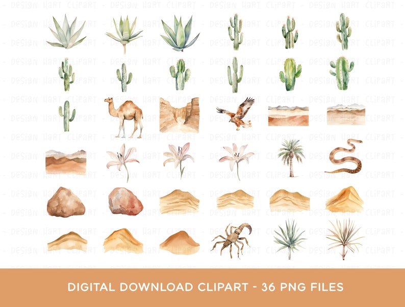 Op de afbeelding: Een set van 36 aquarel-clipart-afbeeldingen met woestijnthema. De set bevat cactussen, een kameel, een slang, een schorpioen, een palmboom, zandduinen en meer. De afbeeldingen zijn perfect voor het maken van uitnodigingen, kaarten en andere woestijnprojecten.