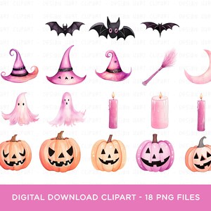 Op de afbeelding: Waterverfillustraties met Halloween-thema's. De afbeelding bevat vleermuizen, heksenhoeden, een bezem, een maan, geesten, kaarsen en pompoenen in roze, oranje en zwart. De tekst luidt "DIGITAL DOWNLOAD CLIPART - 18 PNG FILES."