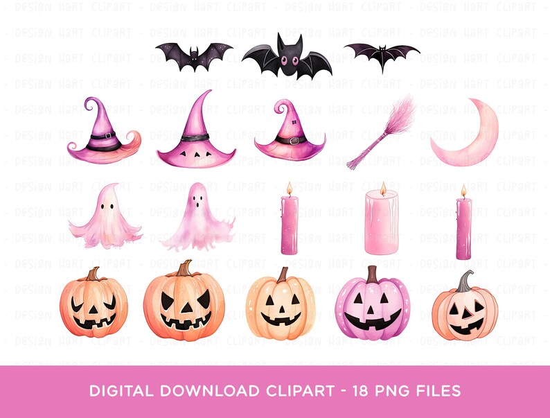 Op de afbeelding: Waterverfillustraties met Halloween-thema's. De afbeelding bevat vleermuizen, heksenhoeden, een bezem, een maan, geesten, kaarsen en pompoenen in roze, oranje en zwart. De tekst luidt "DIGITAL DOWNLOAD CLIPART - 18 PNG FILES."