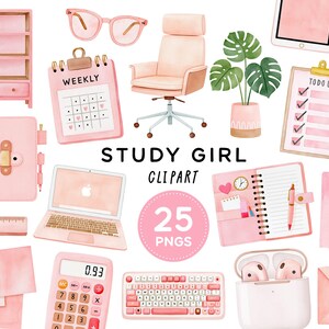 Könnte beinhalten: Eine Sammlung rosa Büro- und Lernutensilien, darunter ein Bücherregal, eine Brille, ein Stuhl, eine Pflanze, ein Wochenplaner, eine To-Do-Liste, ein Laptop, ein Taschenrechner, eine Tastatur, Ohrhörer und Schreibwaren. Text: STUDY GIRL CLIPART 25 PNGS.