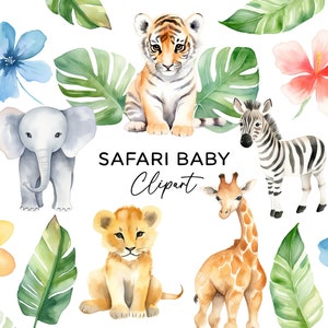 Bundle de cliparts safari, aquarelle bébé jungle animaux de zoo feuilles tropicales girafe lion éléphant tigre zèbre art PNG pour faire-part de chambre d'enfant