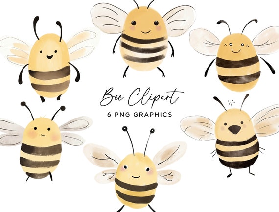 Bumble Bee Clipart Bundle Set, Watercolor Pastel Boho Bee PNG Graphics Digital Download Commercial Use Kids Birthday Invitations Wall Art