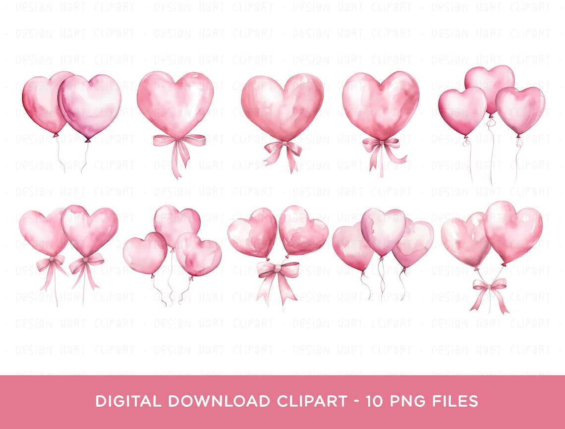 Heart Balloon Clipart Bundle - Watercolor Pink Pastel Love Heart ...