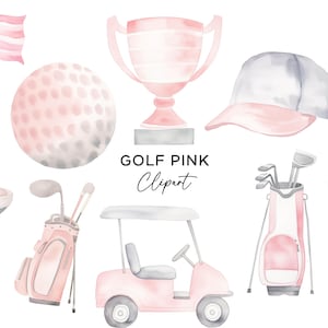 Pacchetto di clipart di golf, download digitale di grafica PNG, acquerello rosa, ragazze, campo da golf, sport, carrello da golf, mazza, trofeo, uso commerciale
