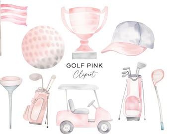 Pakiet Golf Clipart, PNG Grafika cyfrowa do pobrania Akwarela Różowy Dziewczyny Pole golfowe Sport Golf Cart Klub Piłka Trofeum Użytek komercyjny
