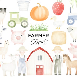 Pacchetto di clipart di animali da fattoria, animali da cortile dell'acquerello maiale mucca cavallo pecora fienile PNG file di download digitale per adesivi per inviti alla festa