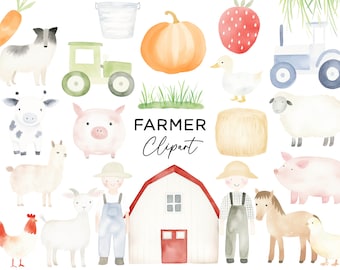 Farm Animal Clipart Bundle, Watercolor Barnyard Animals Pig Cow Horse Sheep Barn PNG Digital Download Files for Party Invitations Stickers