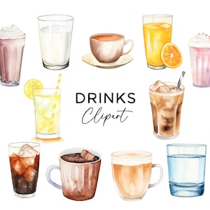 Pacote de clipart de bebidas, aquarela café suco milkshake refrigerante cola água, bebidas gráficos PNG para uso comercial, bebidas PNG Clip Art