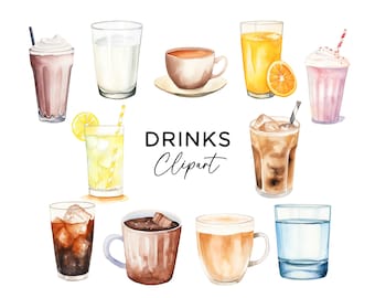 Drinks Clipart Bundle, Watercolor Coffee Juice Milkshake Soda Cola Water, Beverage PNG Graphics for Commercial Use, PNG Clip Art Drinks