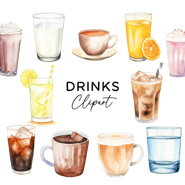 Drinks Clipart Bundle, Watercolor Coffee Juice Milkshake Soda Cola Water, Beverage PNG Graphics for Commercial Use, PNG Clip Art Drinks
