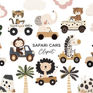 May include: A collection of whimsical safari-themed clipart featuring various animals driving cars. The illustrations include a tiger, elephant, leopard, zebra, bear, fox, monkey, and lion, each in a unique vehicle. The color palette includes beige, brown, and black.