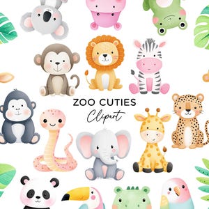 Könnte beinhalten: Aquarellillustration verschiedener Zootiere, darunter ein Löwe, ein Zebra, eine Giraffe und ein Panda. Das Bild zeigt eine Sammlung niedlicher, cartoonartiger Tiere mit weißem Hintergrund und grünen Blättern.