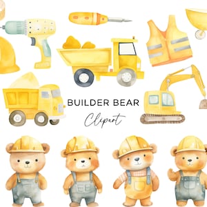 Bundle de clipart ours constructeur, construction Teddy Digger excavatrice camion à benne basculante outils pour fête d'enfants invite chambre d'enfant Art PNG en téléchargement numérique