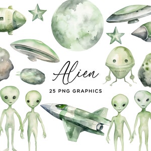 Alien Clipart Bundle - Watercolor Outer Space UFO Spaceship Planet Green Aliens PNG for Kids Crafts Invitations Scrapbooking Commercial Use
