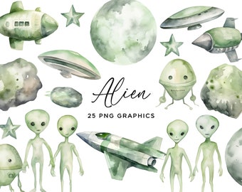 Paquete de imágenes prediseñadas alienígenas - Acuarela Espacio exterior OVNI Nave espacial Planeta Verde Aliens PNG para niños Manualidades Invitaciones Scrapbooking Uso comercial