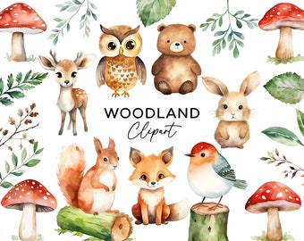 Bosdieren aquarel clipart, boswezens PNG bundel schattige Fox Bear konijn herten uil commercieel gebruik kwekerij clip art uitnodigingen