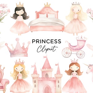 Prinzessin Clipart Bundle, Aquarell Royal Castle Kutsche Thron Blumen PNG für Mädchen Märchen Geburtstagseinladungen Kinderzimmer Wandkunst Dateien